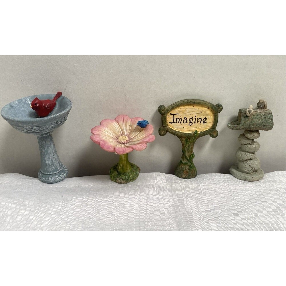 Fairy Garden Birds Birdbath 4 Pc Lot Resin Imagine Sign Mailbox Cardinal